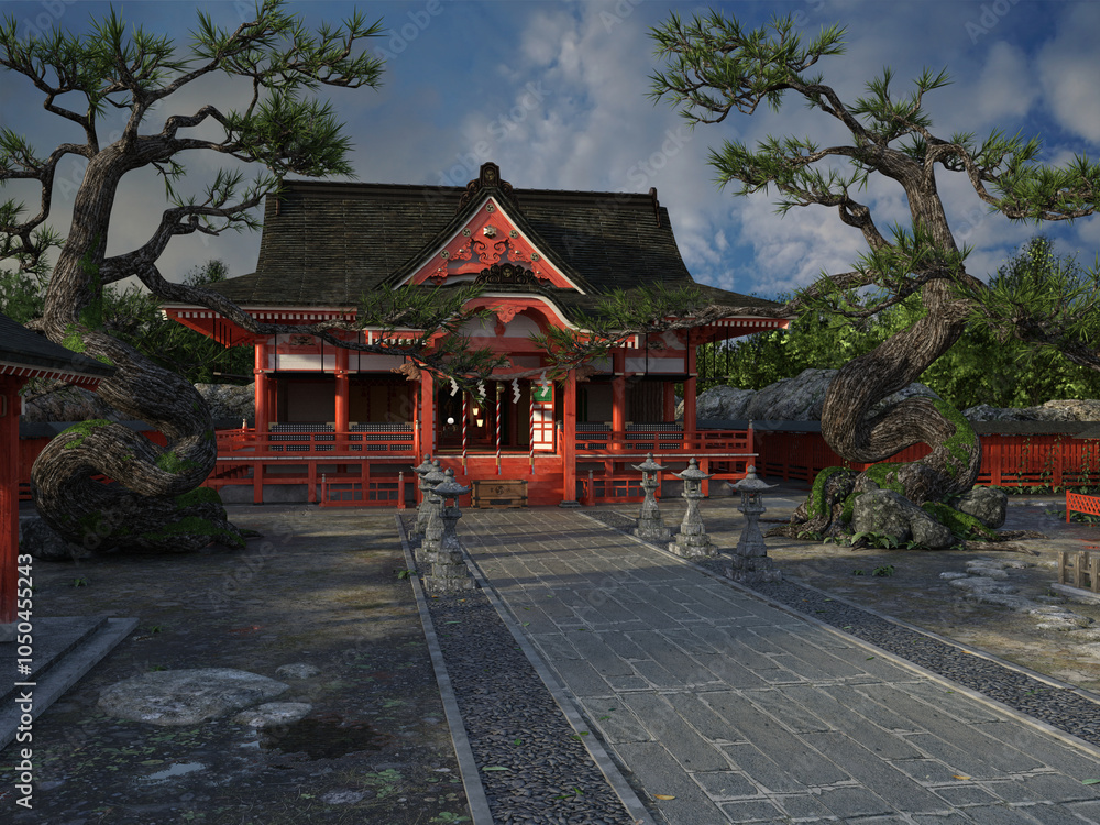 3d render of Japanese temple courtyard with curvy pine trees and stone lanterns. No AI used 3d render of Japanese temple courtyard with curvy pine trees and stone lanterns. No AI used