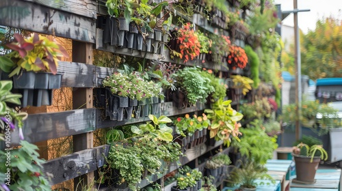 Wallpaper Mural A vertical garden with a variety of plants in black pots, mounted on a wooden fence, with a blurred background of a city street. Torontodigital.ca