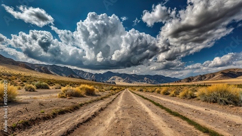 The Dusty Dirt Track Road. Highway in to the mountains, with blue skies and clouds. Ideal Desktop background or Wallpaper.