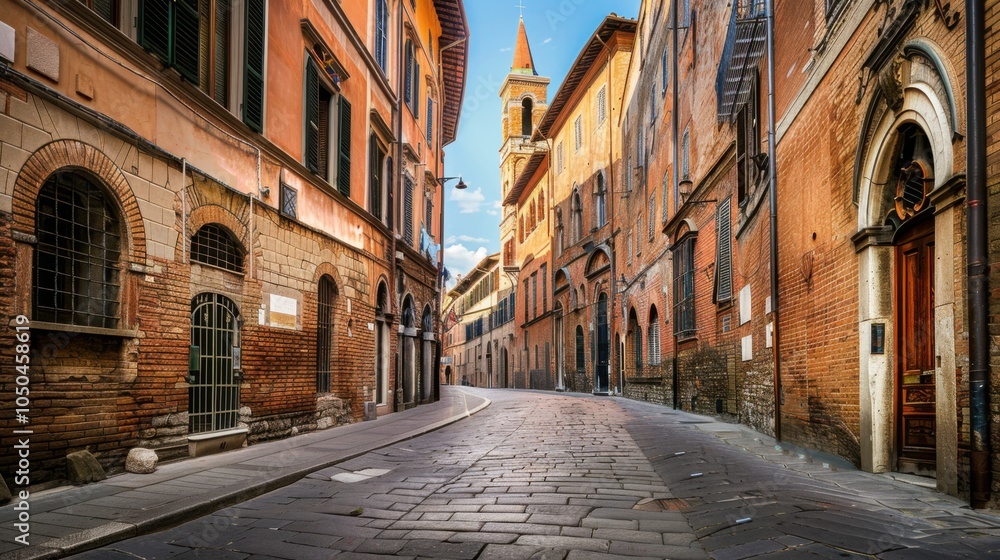 Obraz premium A picturesque view of the charming streets and medieval architecture of Siena with its historic buildings and quaint alleyways, urban setting with warm browns and muted greens, Siena style