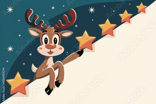 Cheerful Cartoon Reindeer Orange Stars Colorful Festive Background - Perfect Christmas Marketing, Greeting Cards, Holiday Celebrations