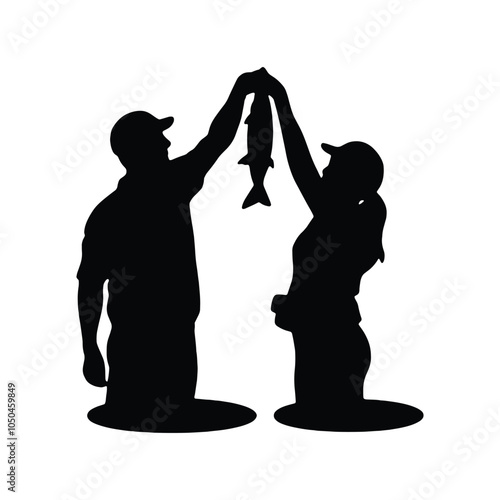 A silhouette of two people proudly holding a fish, symbolizing a successful fishing experience and shared joy in nature