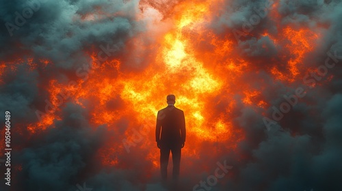 A man stands in front of a fire, surrounded by smoke and flames