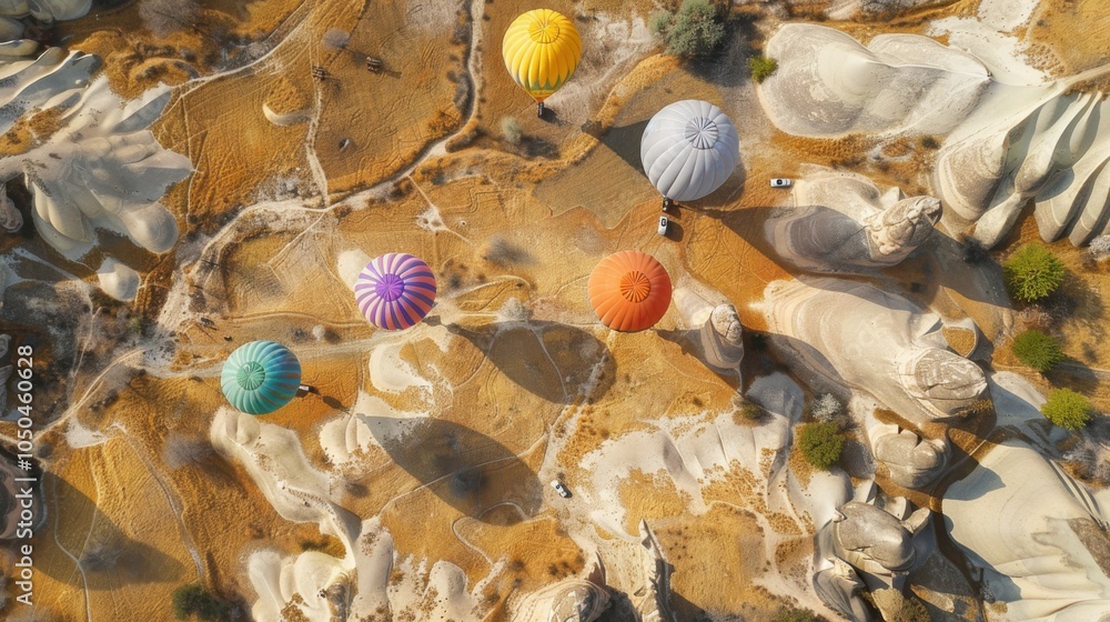 Fototapeta premium A picturesque view of the colorful hot air balloons soaring over the surreal landscapes of Cappadocia with rock formations and morning light, ballooning setting with vibrant colors and rugged browns