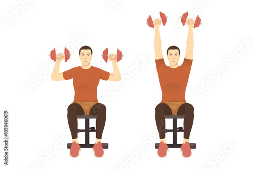 Men doing Seated Dumbbell Shoulder Press on bench. Illustration about exercise diagram for arm and chest and shoulder.