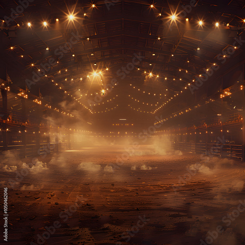 desolate rodeo arena illuminated by bright lights and lingering smoke. concept rodeo arena, bright lights, smoke, desolate setting isolated on white background, flat design, png photo