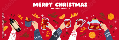 Merry Christmas banner with group of people drinking winter drinks. Hands hold cups of mulled wine. People celebrate Christmas and New Year together. 
