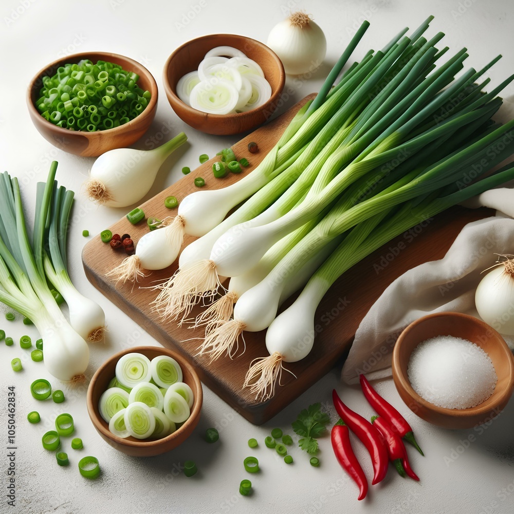 Fresh green onions and sliced scallions on white background. Fresh green onions and sliced scallions on white background.