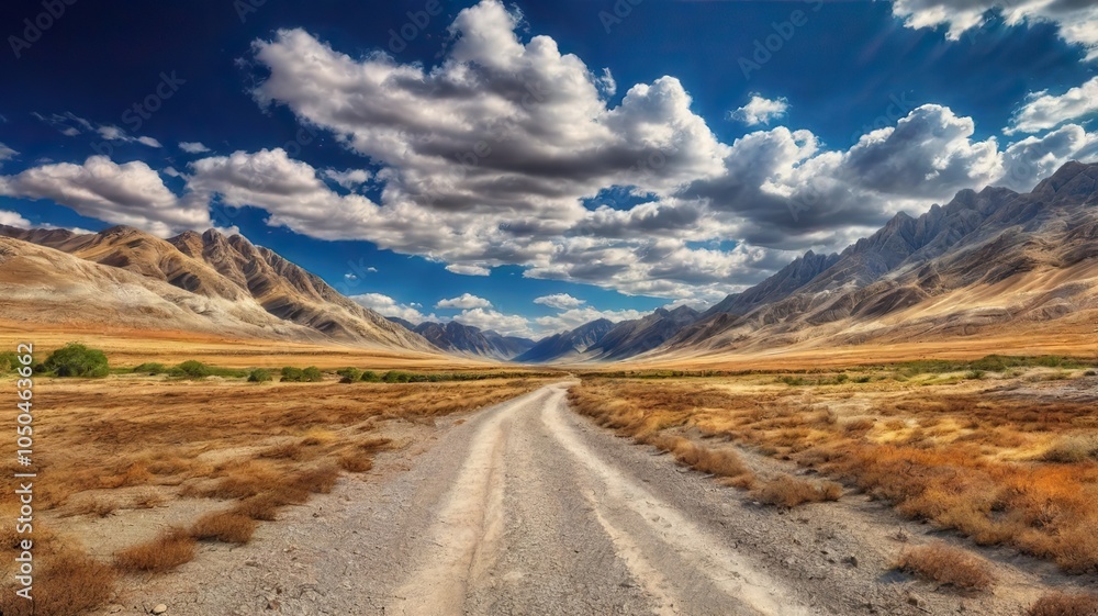 The Dusty Dirt Track Road. Highway in to the mountains, with blue skies and clouds. Ideal Desktop background or Wallpaper. The Dusty Dirt Track Road. Highway in to the mountains, with blue skies and clouds. Ideal Desktop background or Wallpaper.