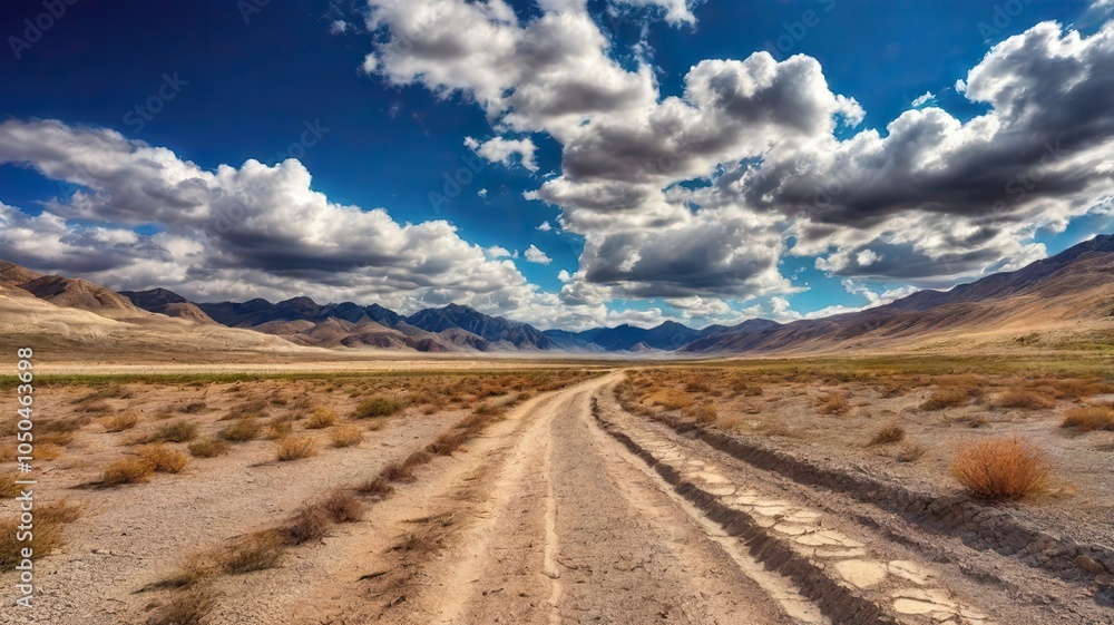 Fototapeta premium The Dusty Dirt Track Road. Highway in to the mountains, with blue skies and clouds. Ideal Desktop background or Wallpaper.