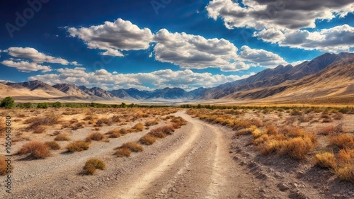 The Dusty Dirt Track Road. Highway in to the mountains, with blue skies and clouds. Ideal Desktop background or Wallpaper.