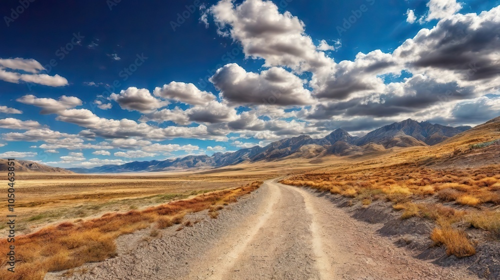 The Dusty Dirt Track Road. Highway in to the mountains, with blue skies and clouds. Ideal Desktop background or Wallpaper. The Dusty Dirt Track Road. Highway in to the mountains, with blue skies and clouds. Ideal Desktop background or Wallpaper.