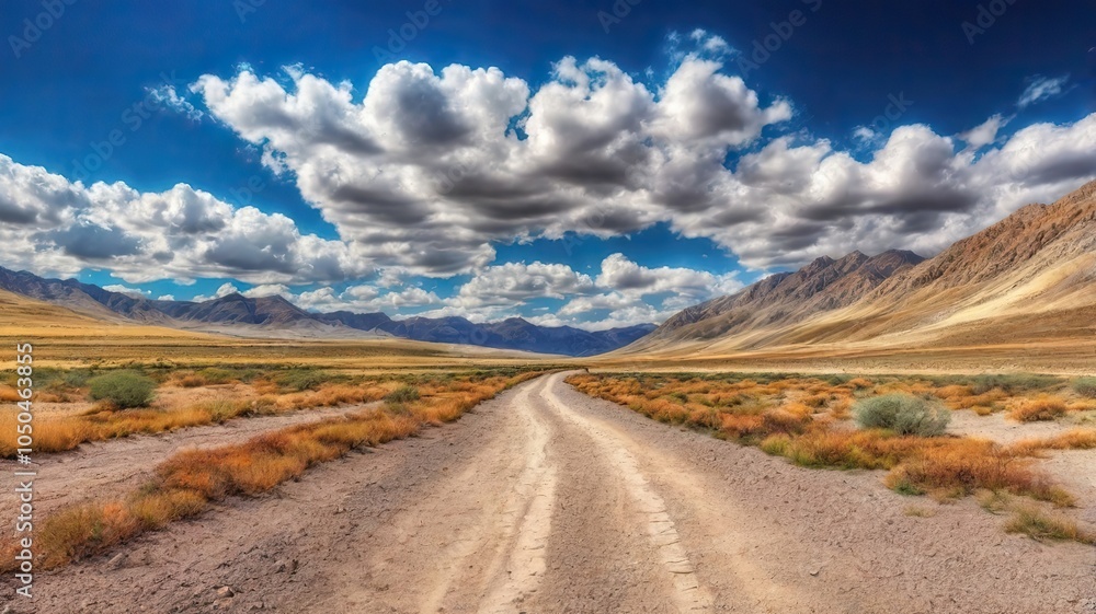 The Dusty Dirt Track Road. Highway in to the mountains, with blue skies and clouds. Ideal Desktop background or Wallpaper. The Dusty Dirt Track Road. Highway in to the mountains, with blue skies and clouds. Ideal Desktop background or Wallpaper.