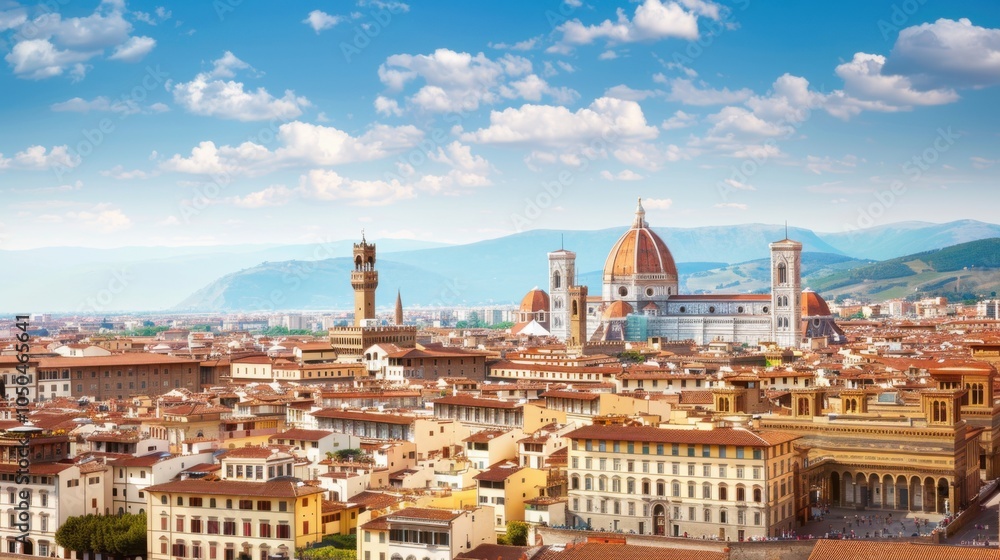 Obraz premium A picturesque view of the historic city of Florence with its iconic Duomo and Renaissance architecture under a clear, blue sky and vibrant cityscape, historic setting with rich colors