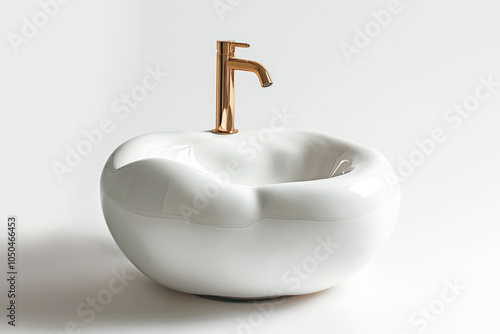 
White ceramic sink with gold apple shaped faucet with rounded edges for added visual appeal. photo