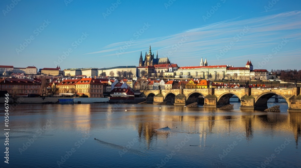 Fototapeta premium A picturesque view of the historic streets and medieval architecture of Prague with its iconic castle and Charles Bridge spanning the Vltava River, historic setting with warm, earthy tones