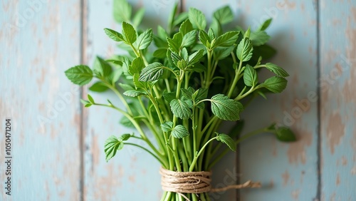 Lush Green Herb Bunch Tied with Twine on Weathered Wood