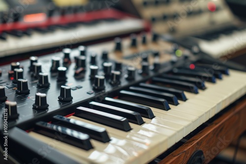 Close up of a professional synthesizer with many controllers and keys, ready for creating electronic music in a modern studio photo