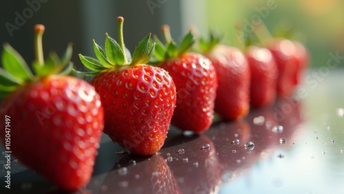 Delicious Strawberries Glistening with Dew on a Bright Surface