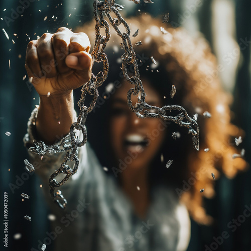 A close-up shot of brown-skinned woman's clenched fists breaking free from metal shackles, chains scattering mid-air, capturing the powerful moment of liberation against oppression.
