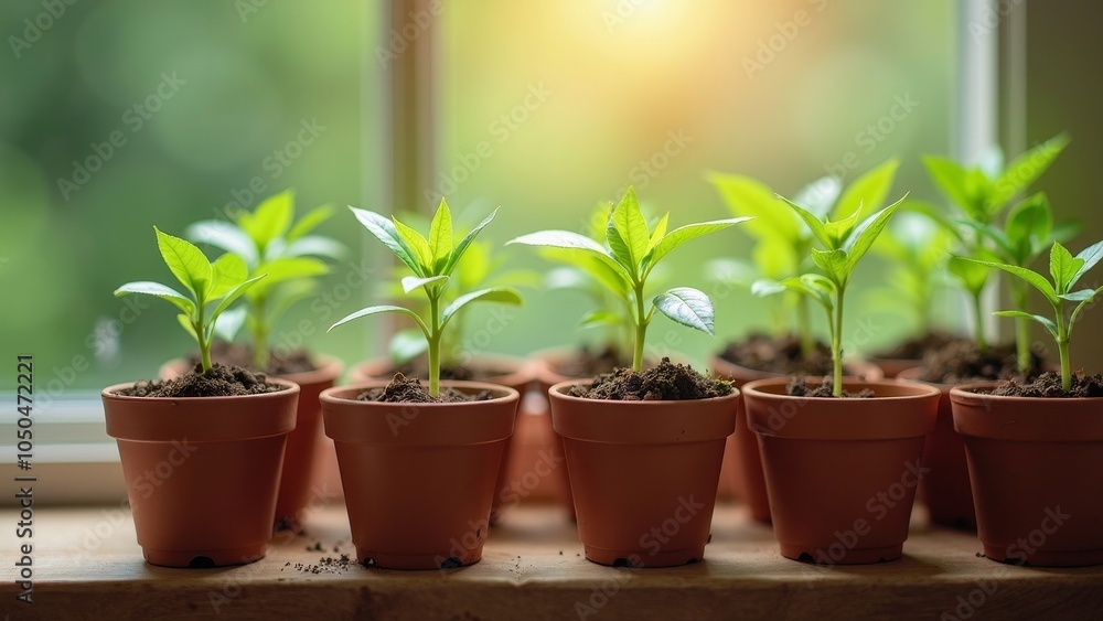 Fototapeta premium Nurturing Growth: Organic Seedlings in Terracotta Pots