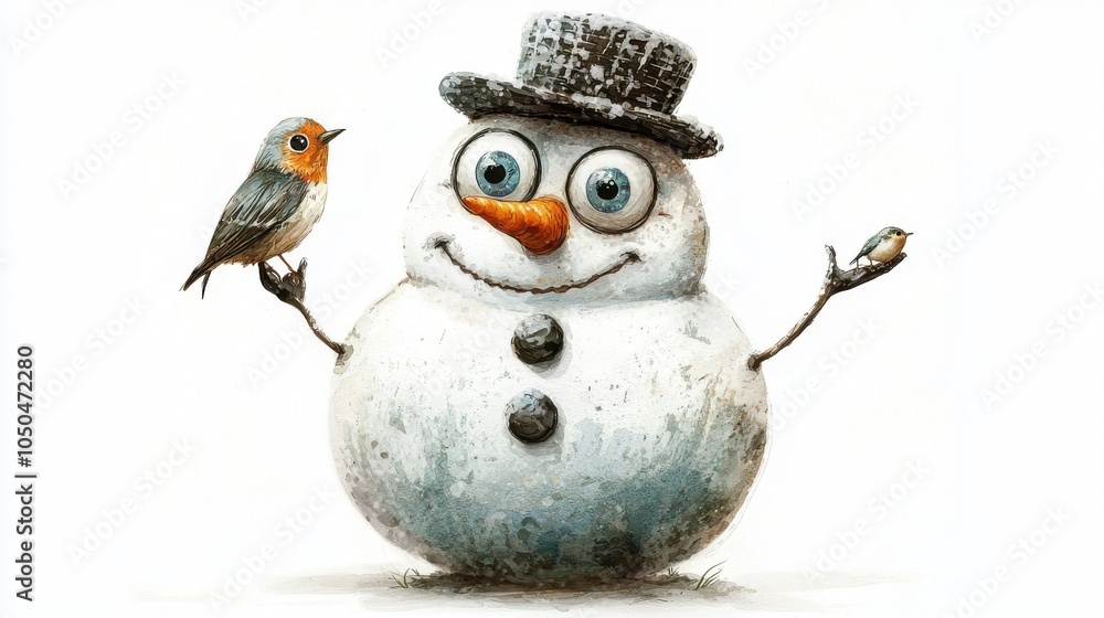 A cheerful snowman holding a bird, showcasing a playful winter scene with a hat and bright smile. A cheerful snowman holding a bird, showcasing a playful winter scene with a hat and bright smile.
