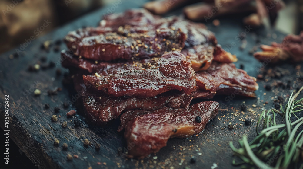 Close up jerked meat, cow, deer, wild beast or biltong Close up jerked meat, cow, deer, wild beast or biltong