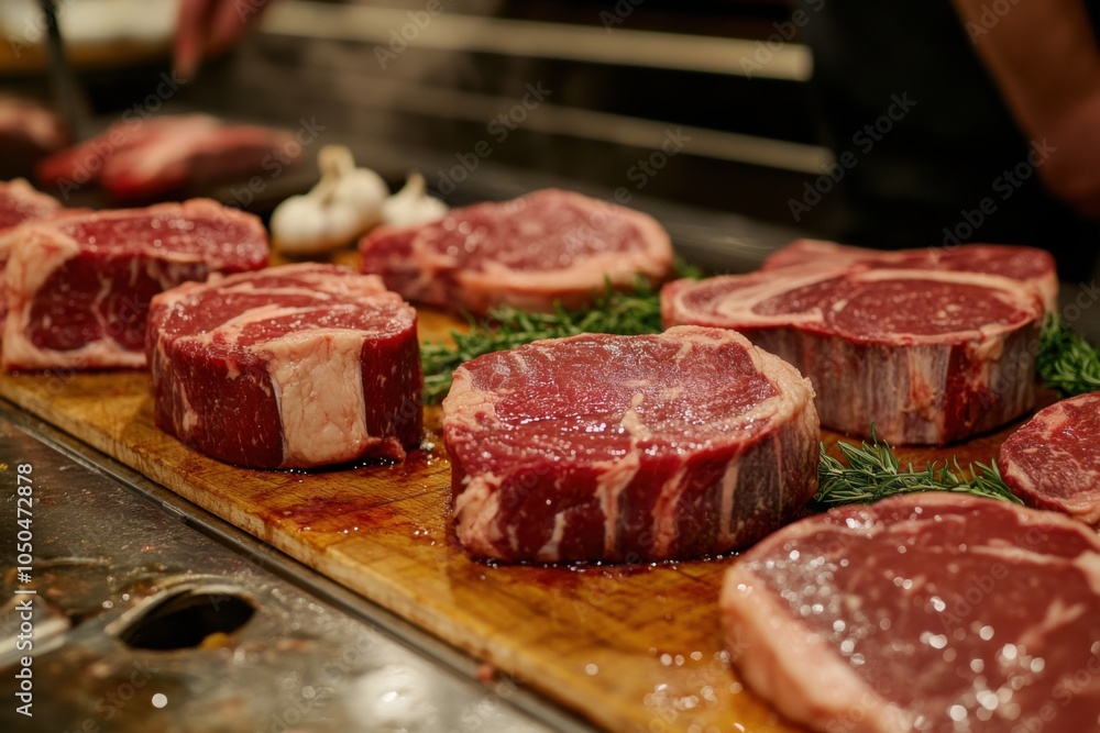 Close-Up View of Butcher's Table with Fresh Meat Cuts Close-Up View of Butcher's Table with Fresh Meat Cuts