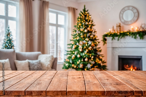 Empty wooden table on the background of a bright cozy living room with a fireplace and a Christmas tree