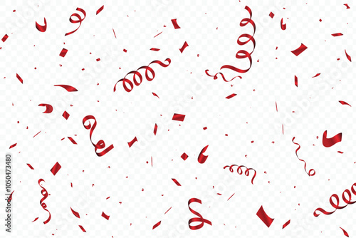 Luxury red confetti explosion for anniversary and party celebration. Special confetti and tinsel design for birthday. Red confetti and foil paper falling on a transparent background.