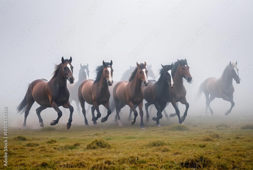 Galloping Horses in the Mist Herd of horses running through a fo Galloping Horses in the Mist Herd of horses running through a fo