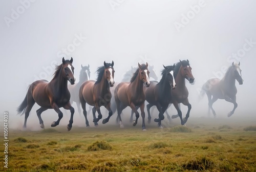 Galloping Horses in the Mist Herd of horses running through a fo