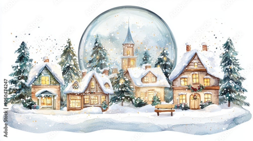 Charming winter village scene featuring snow-covered houses, pine trees, and a magical snow globe ambiance. Charming winter village scene featuring snow-covered houses, pine trees, and a magical snow globe ambiance.