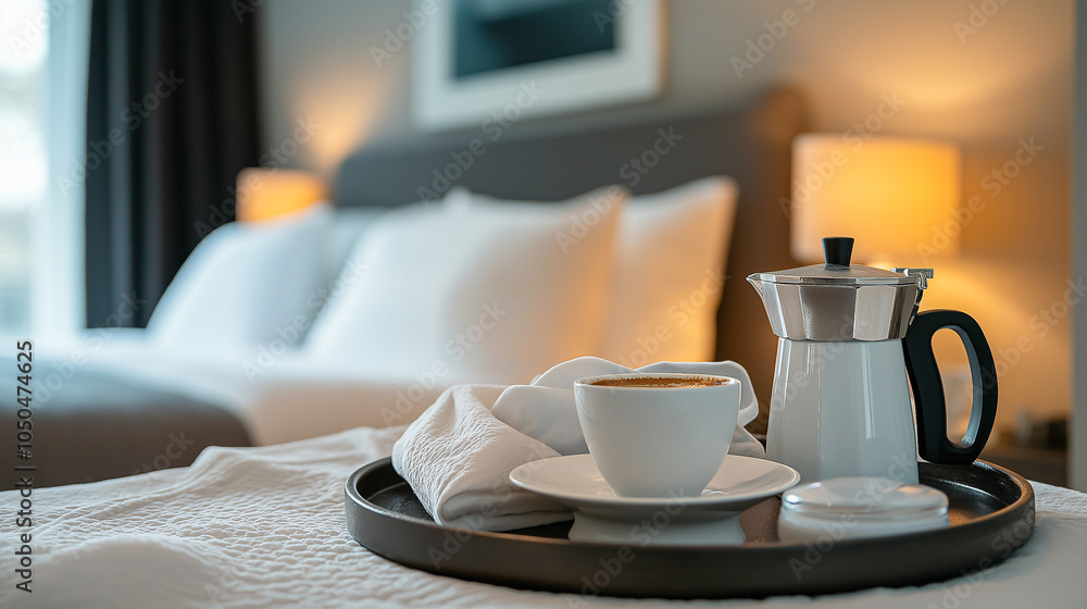 A round tray with a geyser coffee maker (mokka), a white coffee cup with coffee, a white milk jug, a napkin on the background of a snow-white bed. Morning awakening A round tray with a geyser coffee maker (mokka), a white coffee cup with coffee, a white milk jug, a napkin on the background of a snow-white bed. Morning awakening