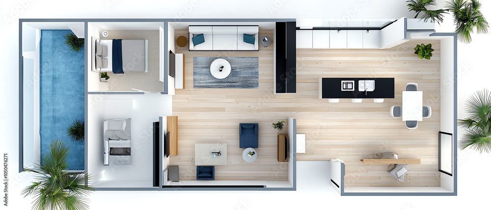Blueprint of a contemporary house with open floor plan showcasing modern living spaces and functional design elements Blueprint of a contemporary house with open floor plan showcasing modern living spaces and functional design elements
