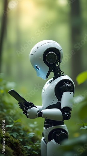 Exploring nature through technology, a robot interacts with a tablet surrounded by lush green forests.