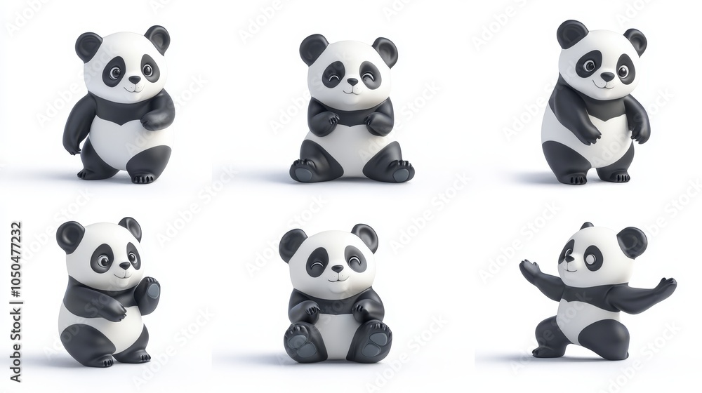 Obraz premium Six cute panda figurines in various poses, perfect for adding a touch of whimsy and charm to any space. They symbolize playfulness, friendship, and the beauty of nature.