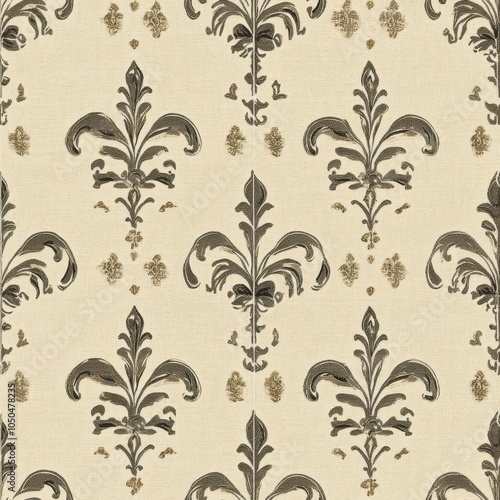 Vintage tapestry classic fleur-de-lis border pattern on vintage beige fabric background, seamless repeating pattern, textile print style, minimal, tapestry design, seamless classic fleur-de-lis 