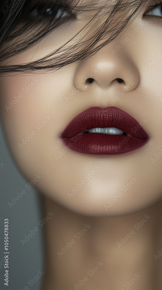 closeup of asian woman hair on face eyes gray tudio background red lipstick makeup brand marketing social media post fashion beauty closeup of asian woman hair on face eyes gray tudio background red lipstick makeup brand marketing social media post fashion beauty