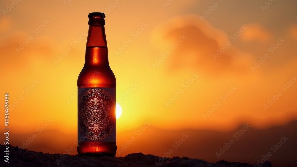 Sunset Silhouette of Beer Bottle with Nature-Inspired Label Sunset Silhouette of Beer Bottle with Nature-Inspired Label