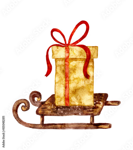 A wooden sled carrying a festive red gift box with a green ribbon and bow during winter holidays, vector isolated white background