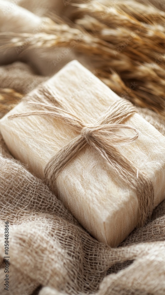 A handcrafted package rests on natural fibers, highlighting organic materials and soft colors A handcrafted package rests on natural fibers, highlighting organic materials and soft colors
