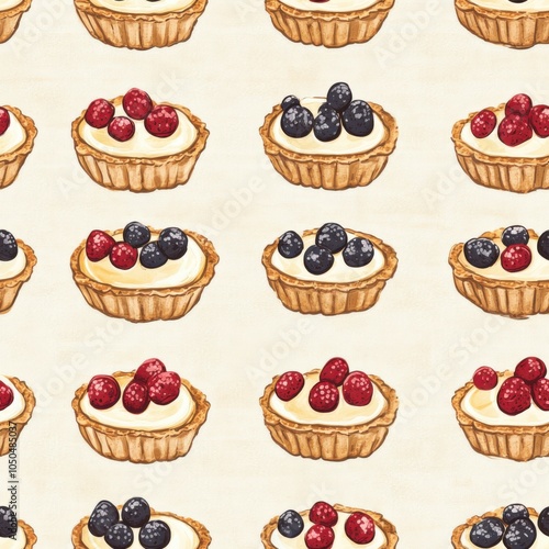 Vintage tarts on vintage beige fabric background, seamless repeating pattern, textile print style, minimal, seamless dessert pattern design, bakery decor, dessert table linens, kitchen decor 