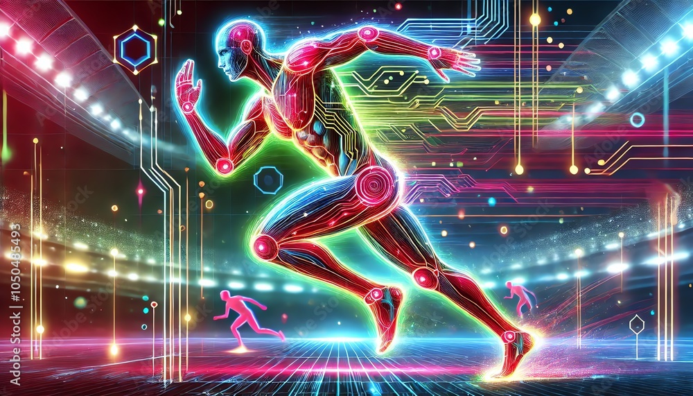 A human figure in motion, running forward with energy and power A human figure in motion, running forward with energy and power