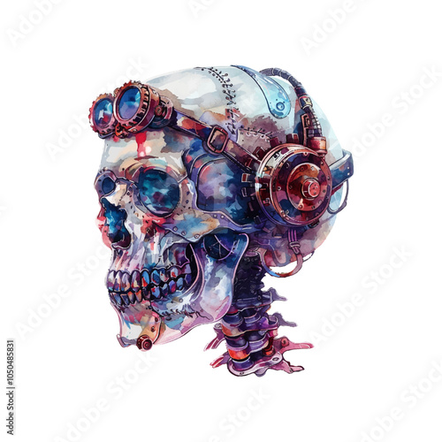 steampunk skull vector illustration in watercolor style