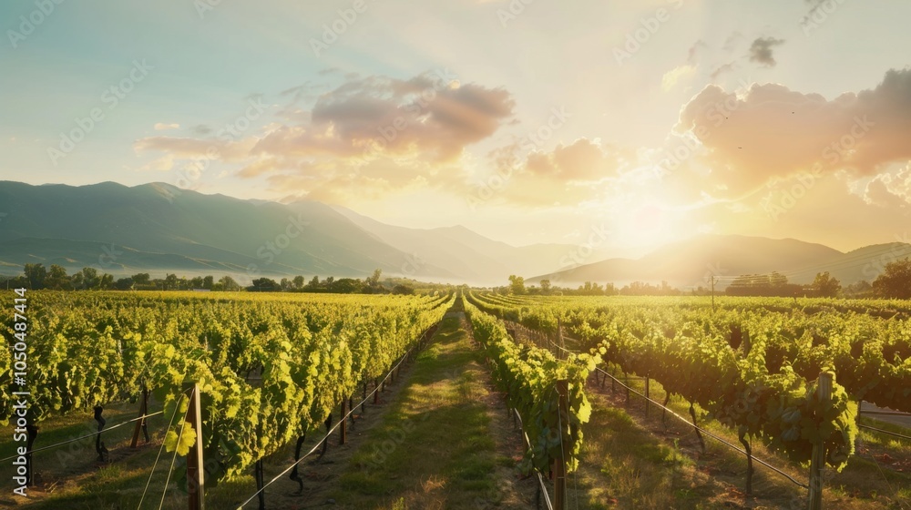 Fototapeta premium A picturesque vineyard at sunrise with rows of grapevines and distant mountains, Winery setting with scenic beauty, Romantic style