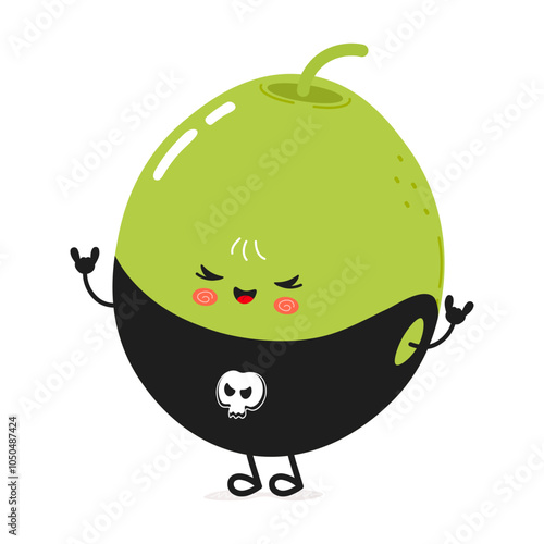 Cute cartoon olive character with a skull shirt and playful pose. Vector hand drawn cartoon kawaii character illustration icon. Isolated on white background. Green olive heavy metal character