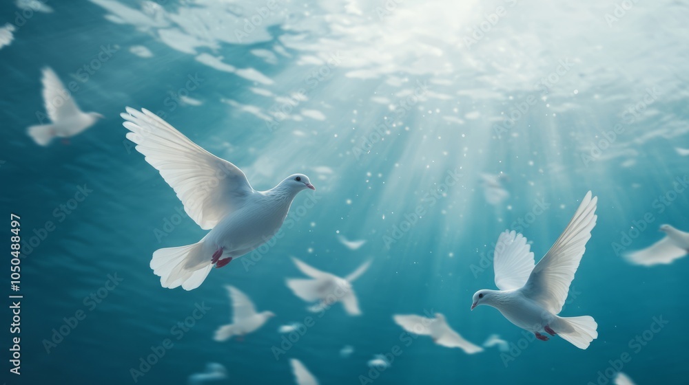 Obraz premium bird, dove, sky, love, Thanksgiving, Thanksgiving, pigeon, flying, blue, white, peace, wing, White doves fly in the air, sacred light shines down from above, blue background with white clouds, white 