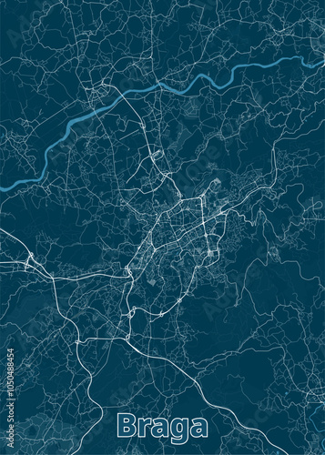 Map of Braga, Portugal, showcasing the city's intricate network of roads and streets. The map features a prominent river winding through the city, with numerous smaller tributaries branching off. photo