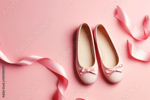 Pair of pink ballet flats with ribbon bows on pink background. Flat lay with satin ribbons. Design for poster, wallpaper, banner, greeting card, invitation, postcard,